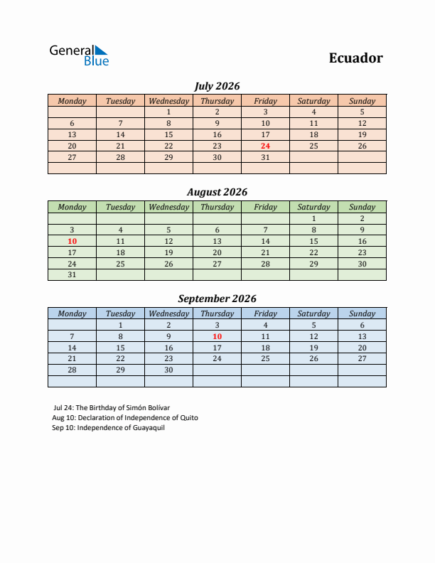 Q3 2026 Holiday Calendar - Ecuador