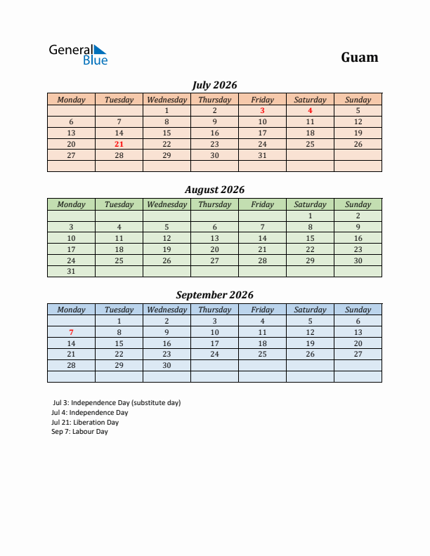 Q3 2026 Holiday Calendar - Guam