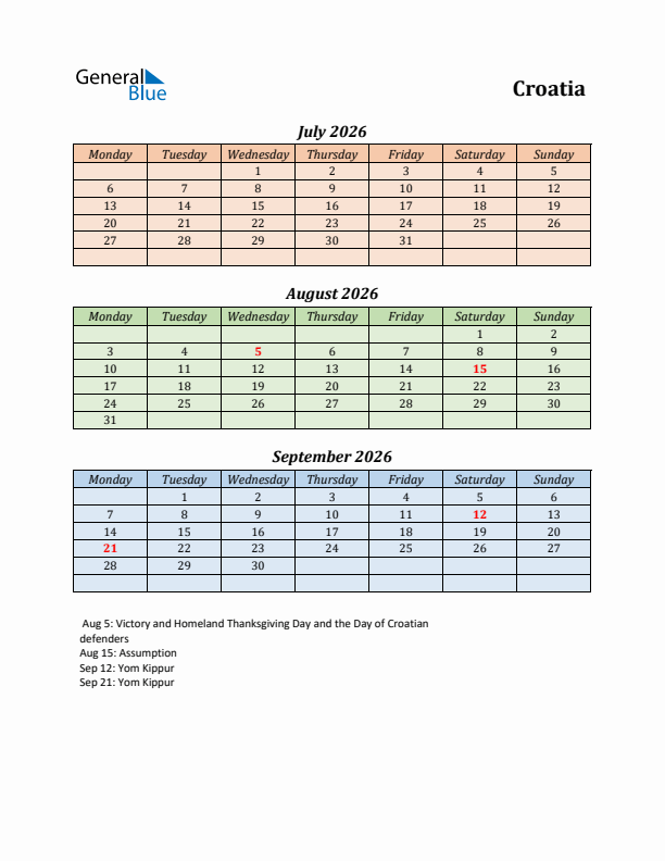 Q3 2026 Holiday Calendar - Croatia