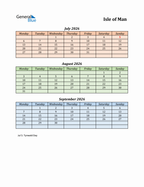 Q3 2026 Holiday Calendar - Isle of Man