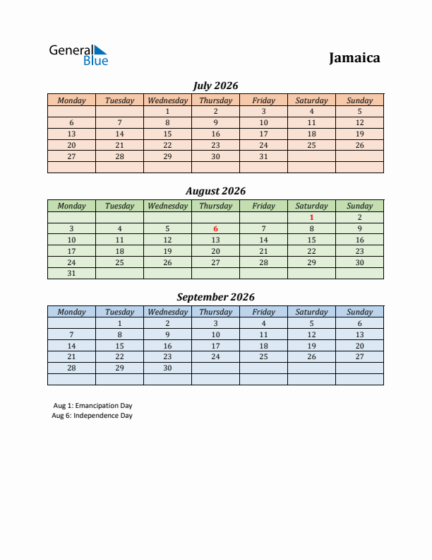 Q3 2026 Holiday Calendar - Jamaica