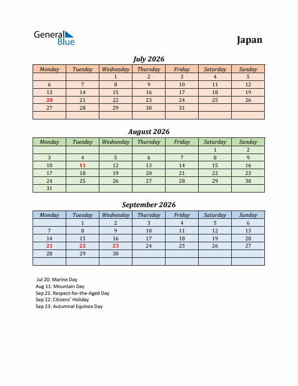 Q3 2026 Holiday Calendar - Japan