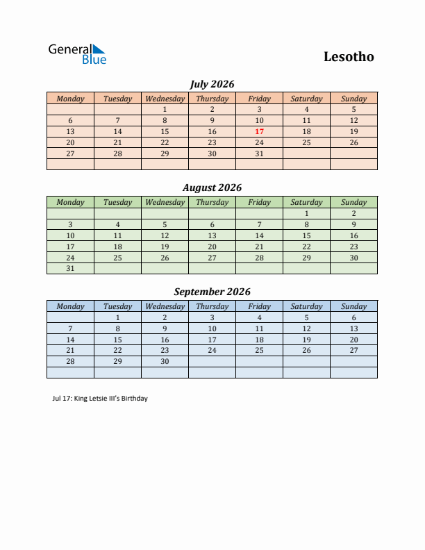 Q3 2026 Holiday Calendar - Lesotho