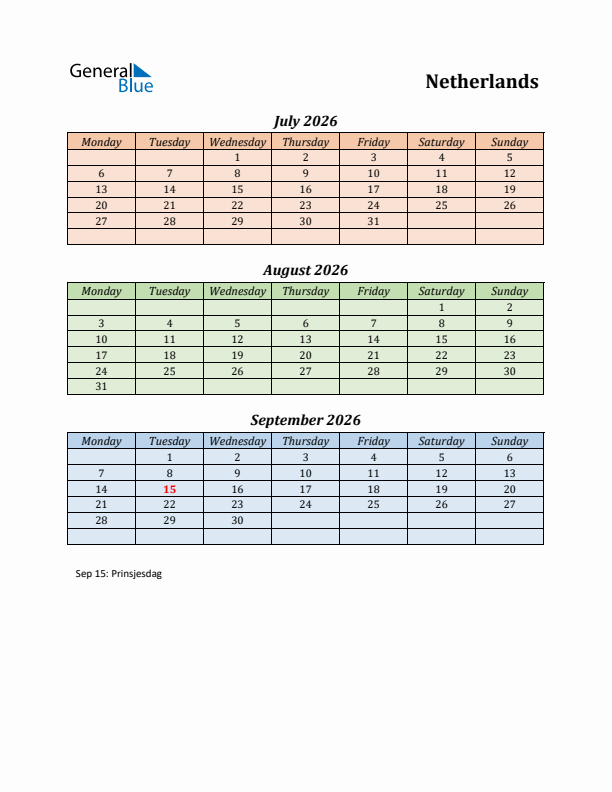 Q3 2026 Holiday Calendar - The Netherlands