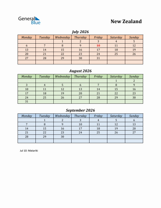 Q3 2026 Holiday Calendar - New Zealand