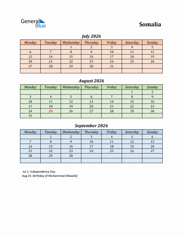 Q3 2026 Holiday Calendar - Somalia