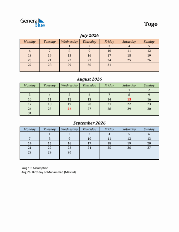 Q3 2026 Holiday Calendar - Togo