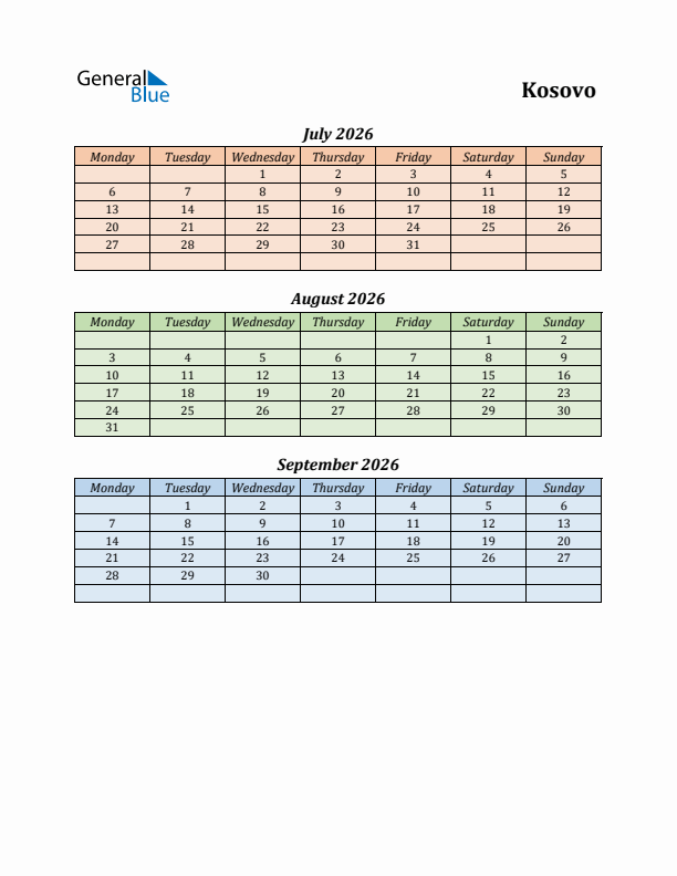 Q3 2026 Holiday Calendar - Kosovo