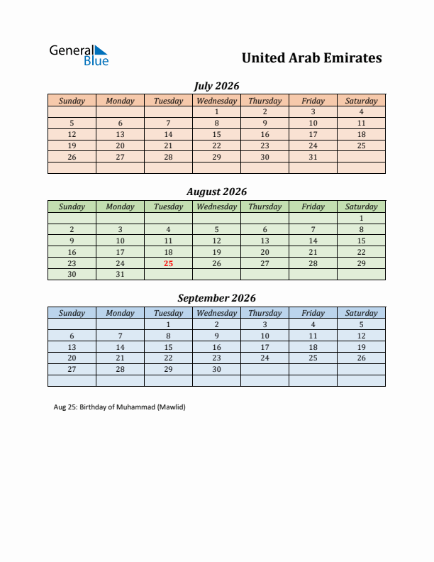 Q3 2026 Holiday Calendar - United Arab Emirates