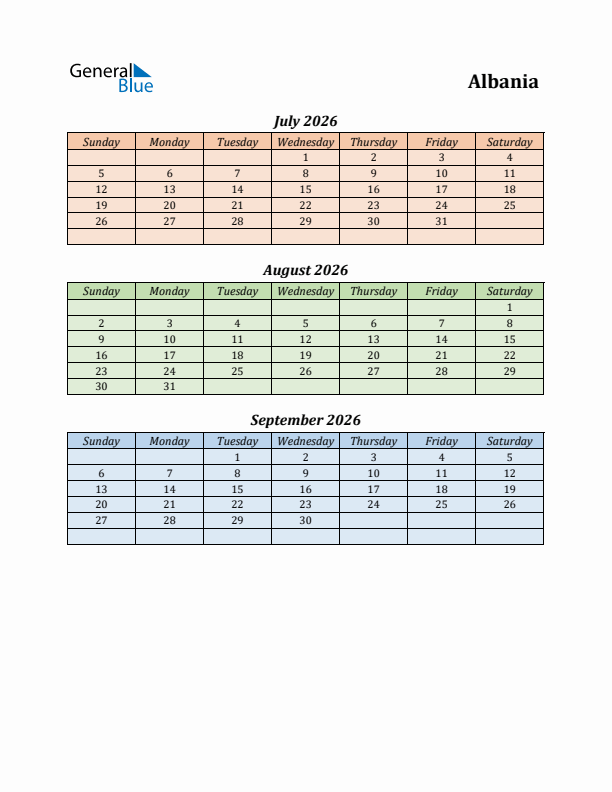 Q3 2026 Holiday Calendar - Albania