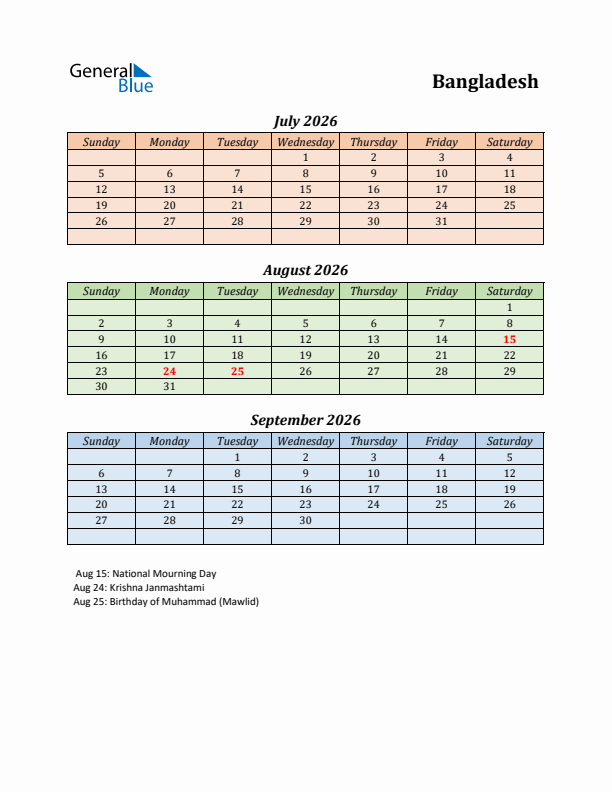 Q3 2026 Holiday Calendar - Bangladesh