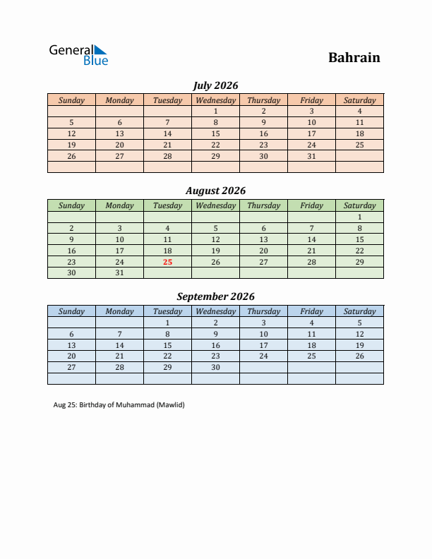 Q3 2026 Holiday Calendar - Bahrain