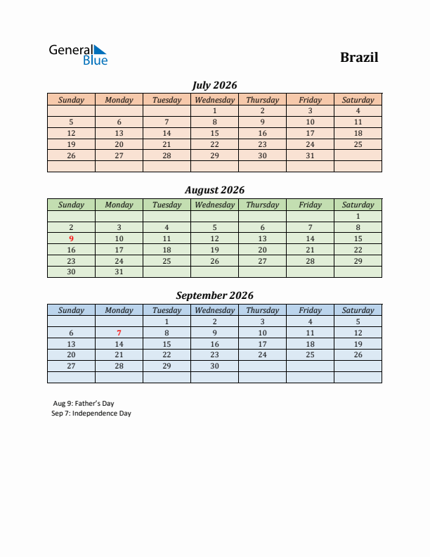 Q3 2026 Holiday Calendar - Brazil