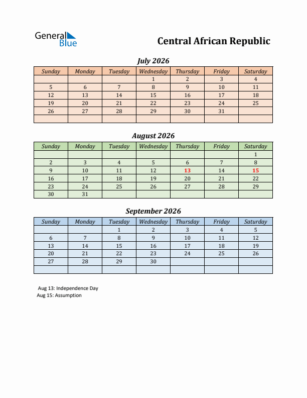 Q3 2026 Holiday Calendar - Central African Republic