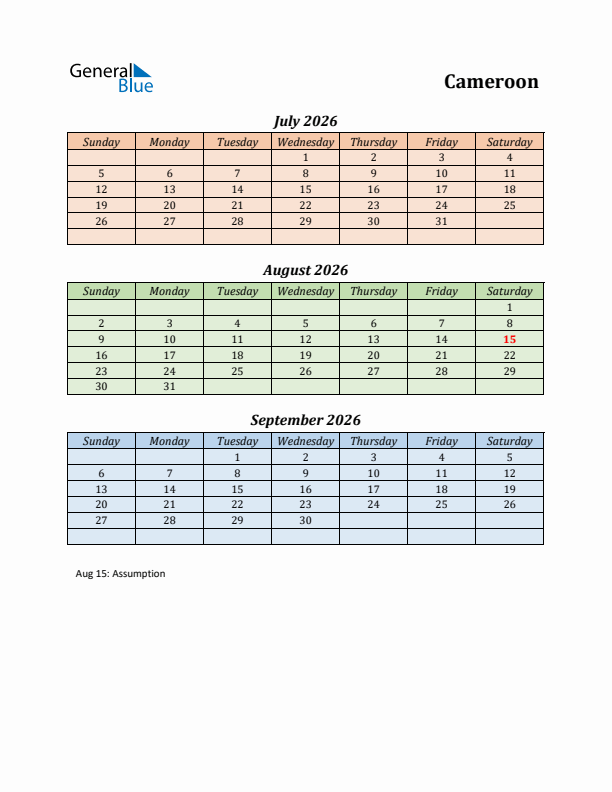 Q3 2026 Holiday Calendar - Cameroon