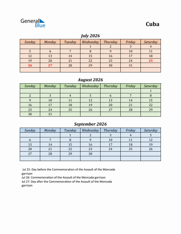 Q3 2026 Holiday Calendar - Cuba