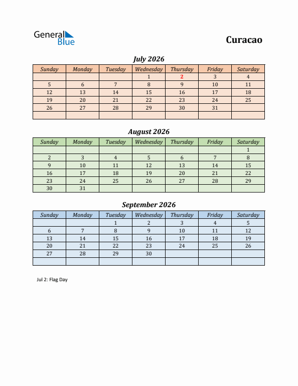 Q3 2026 Holiday Calendar - Curacao