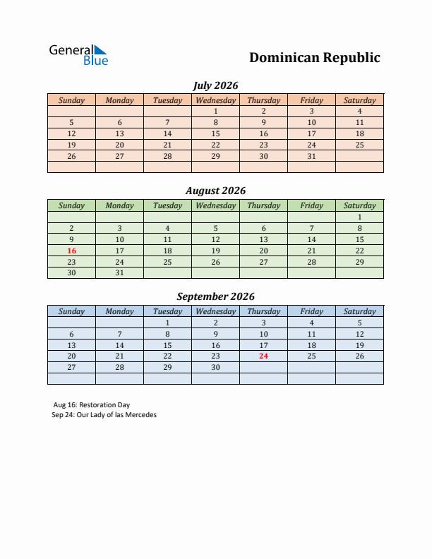 Q3 2026 Holiday Calendar - Dominican Republic