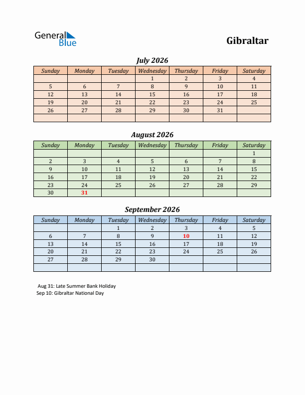 Q3 2026 Holiday Calendar - Gibraltar