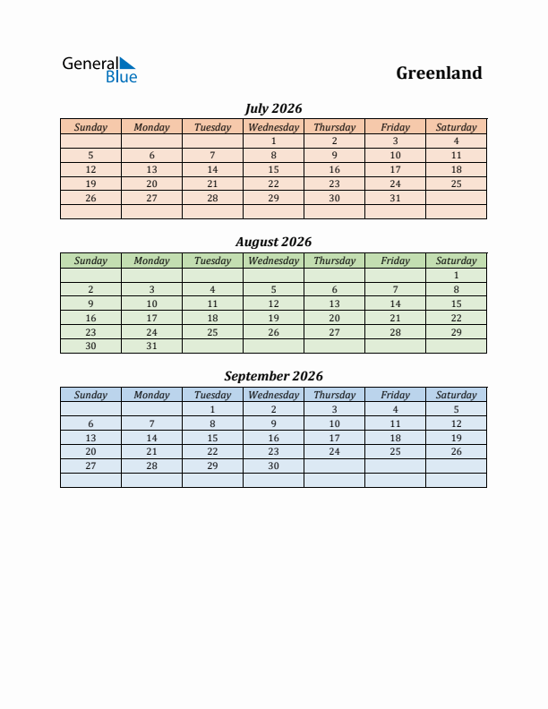 Q3 2026 Holiday Calendar - Greenland