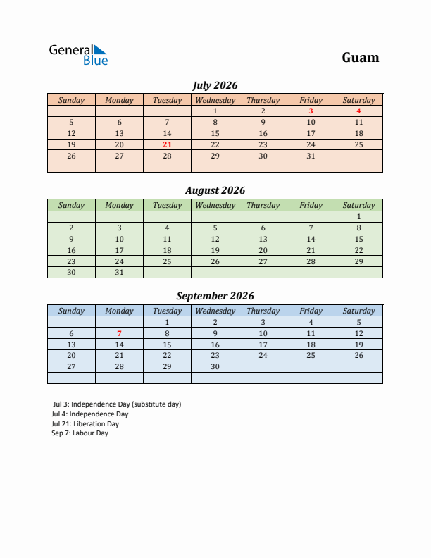 Q3 2026 Holiday Calendar - Guam