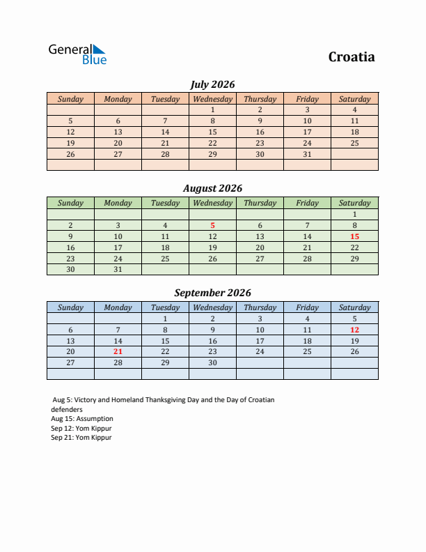 Q3 2026 Holiday Calendar - Croatia