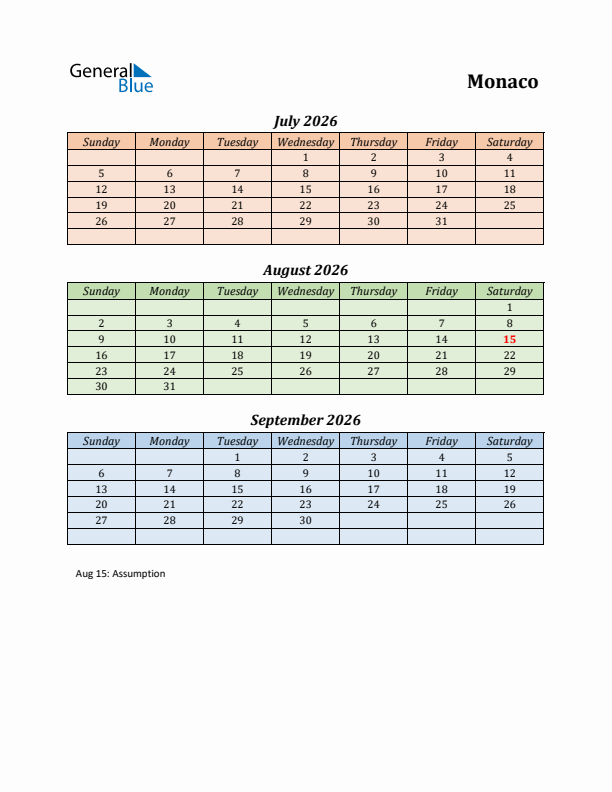 Q3 2026 Holiday Calendar - Monaco