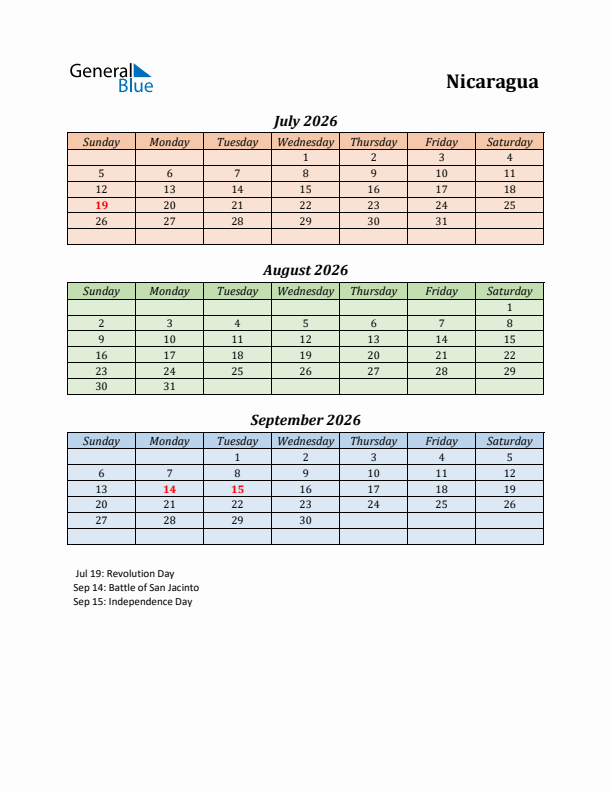 Q3 2026 Holiday Calendar - Nicaragua