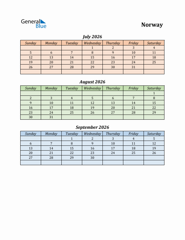 Q3 2026 Holiday Calendar - Norway