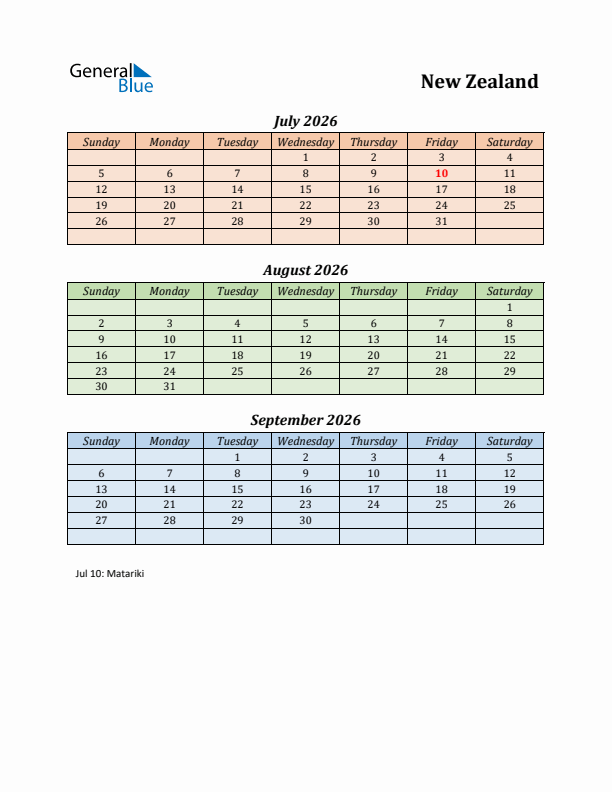 Q3 2026 Holiday Calendar - New Zealand