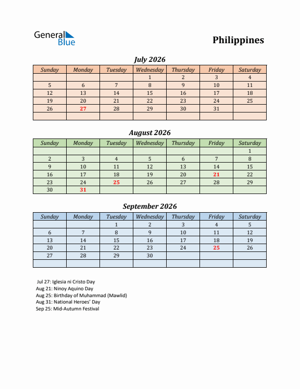 Q3 2026 Holiday Calendar - Philippines