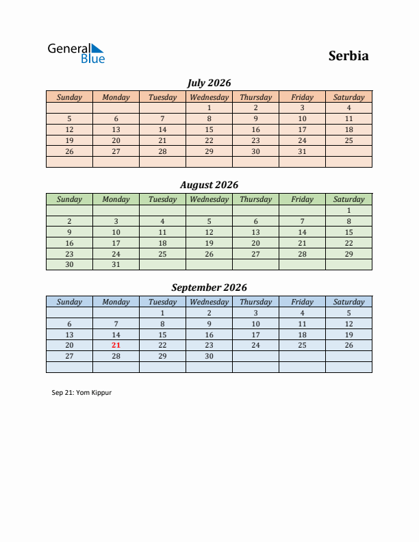 Q3 2026 Holiday Calendar - Serbia