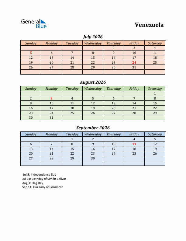 Q3 2026 Holiday Calendar - Venezuela