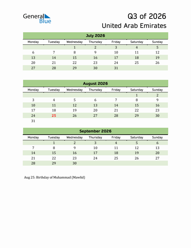 Quarterly Calendar 2026 with United Arab Emirates Holidays