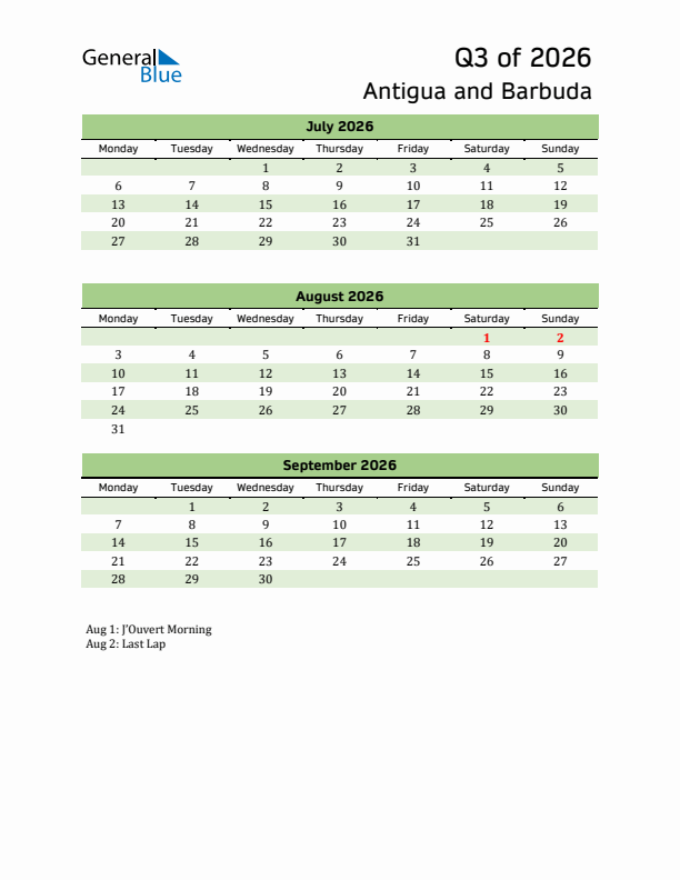 Quarterly Calendar 2026 with Antigua and Barbuda Holidays