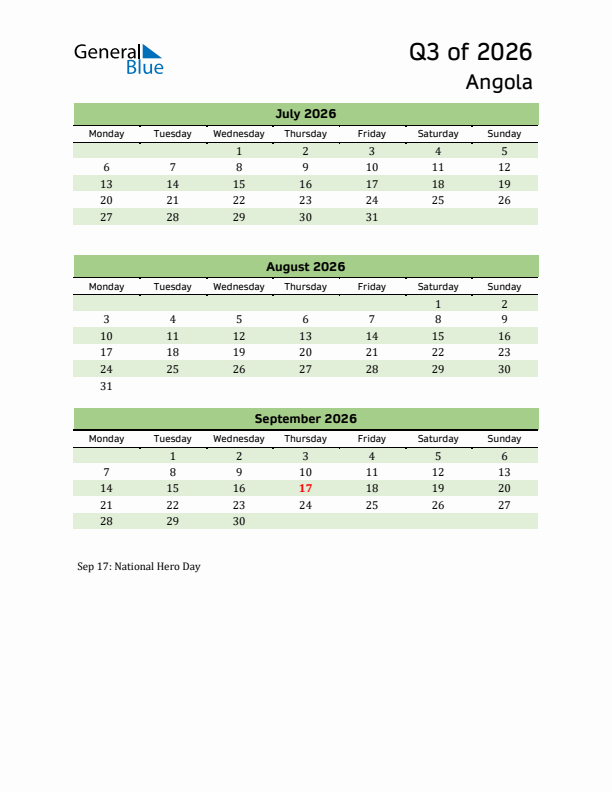 Quarterly Calendar 2026 with Angola Holidays