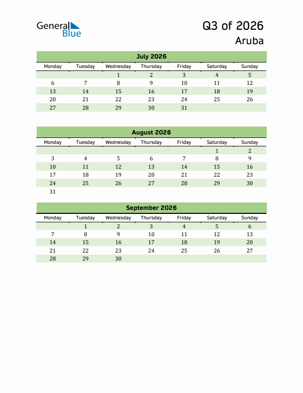 Quarterly Calendar 2026 with Aruba Holidays