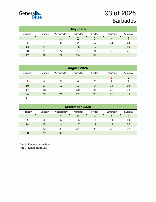 Quarterly Calendar 2026 with Barbados Holidays