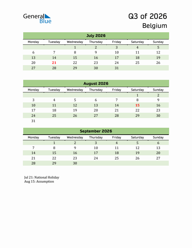 Quarterly Calendar 2026 with Belgium Holidays