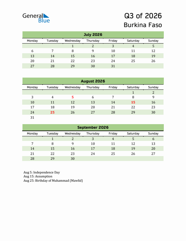 Quarterly Calendar 2026 with Burkina Faso Holidays