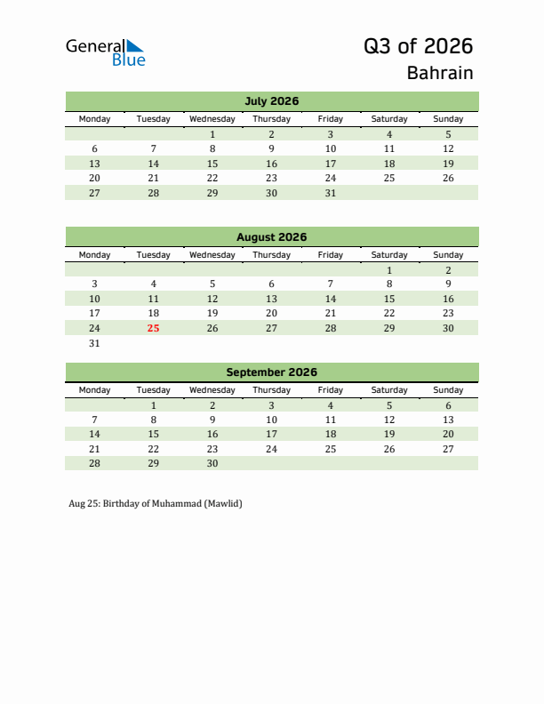 Quarterly Calendar 2026 with Bahrain Holidays