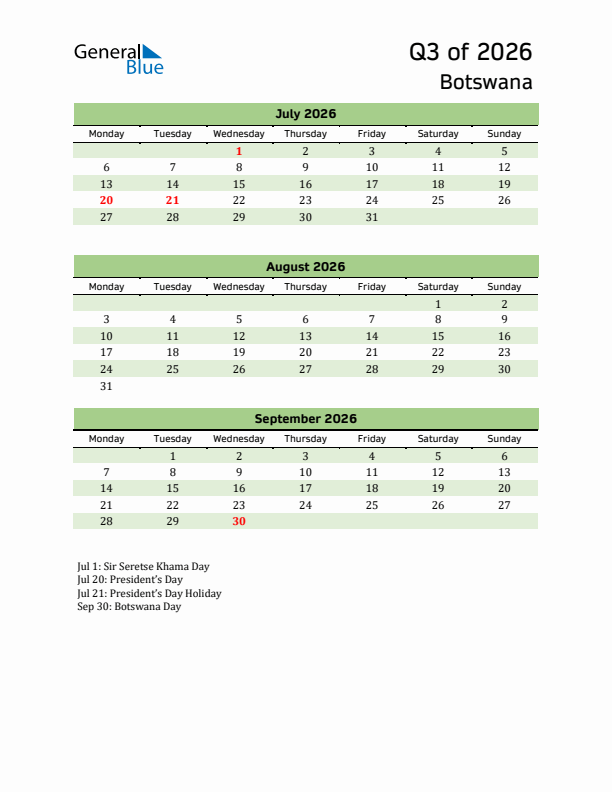 Quarterly Calendar 2026 with Botswana Holidays