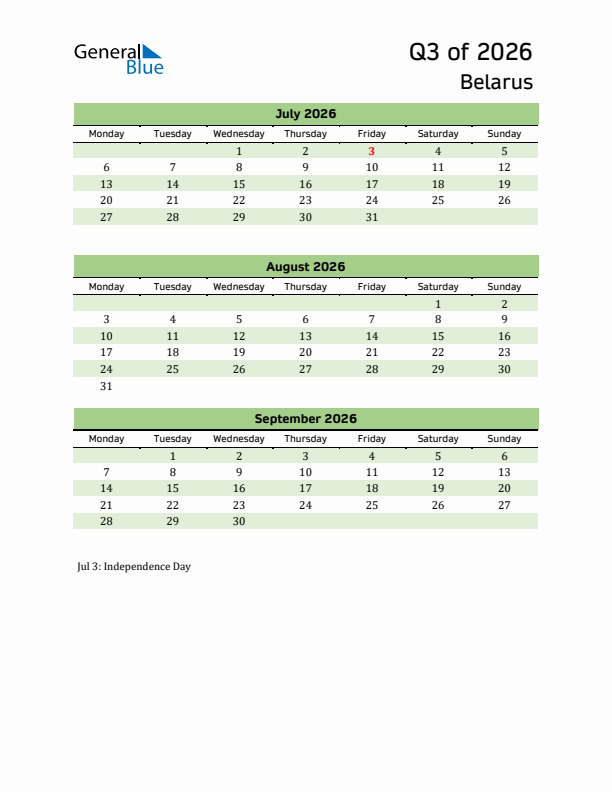 Quarterly Calendar 2026 with Belarus Holidays