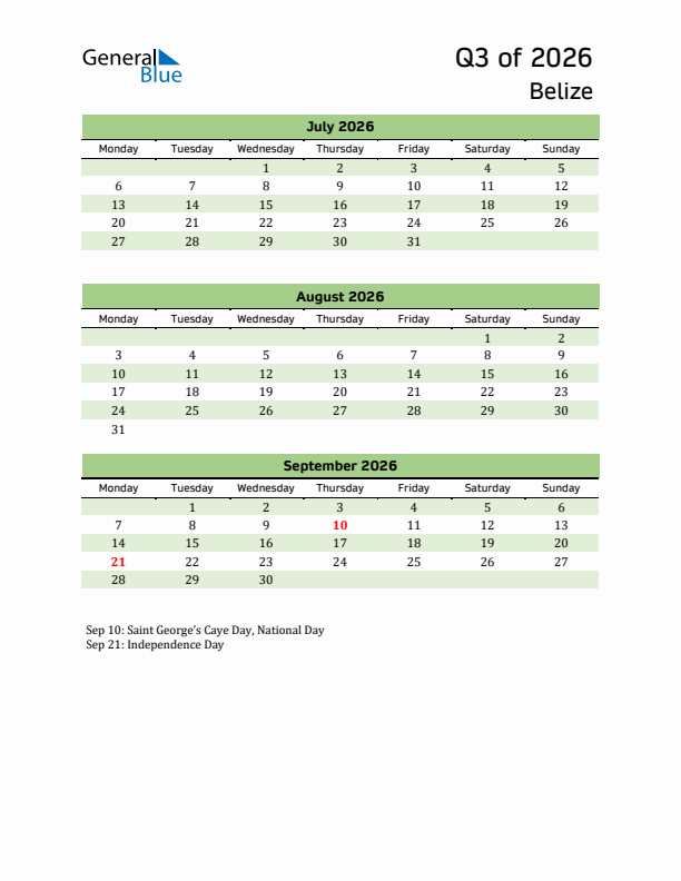 Quarterly Calendar 2026 with Belize Holidays