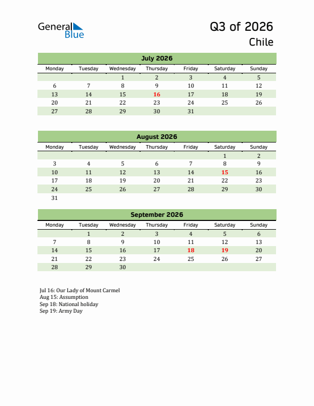 Quarterly Calendar 2026 with Chile Holidays