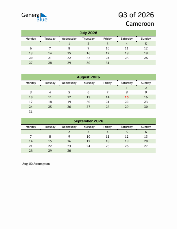 Quarterly Calendar 2026 with Cameroon Holidays