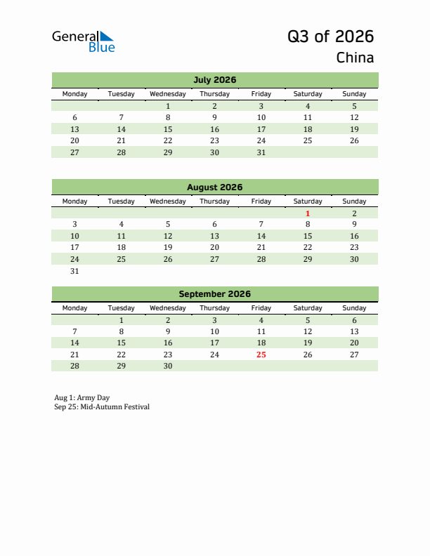 Quarterly Calendar 2026 with China Holidays