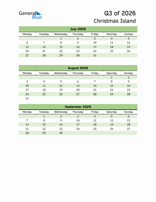 Quarterly Calendar 2026 with Christmas Island Holidays