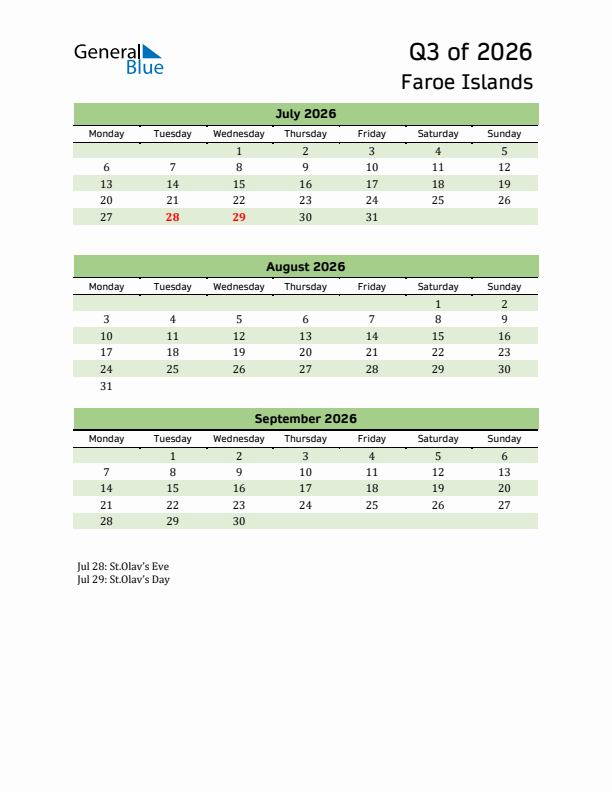 Quarterly Calendar 2026 with Faroe Islands Holidays