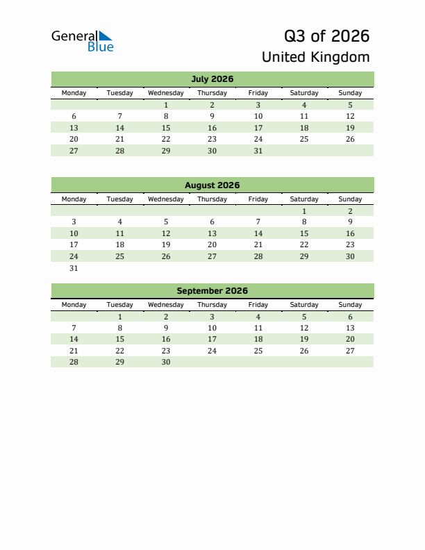 Quarterly Calendar 2026 with United Kingdom Holidays